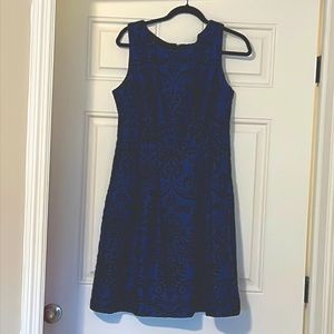 Woman’s dress , blue , brushed black velvet detailing
